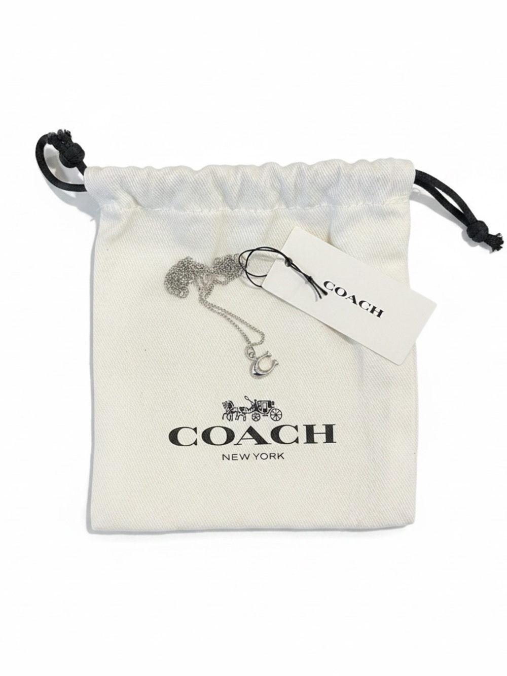 COACH Silver Logo Charm Necklace with Drawstring Pouch - Silver